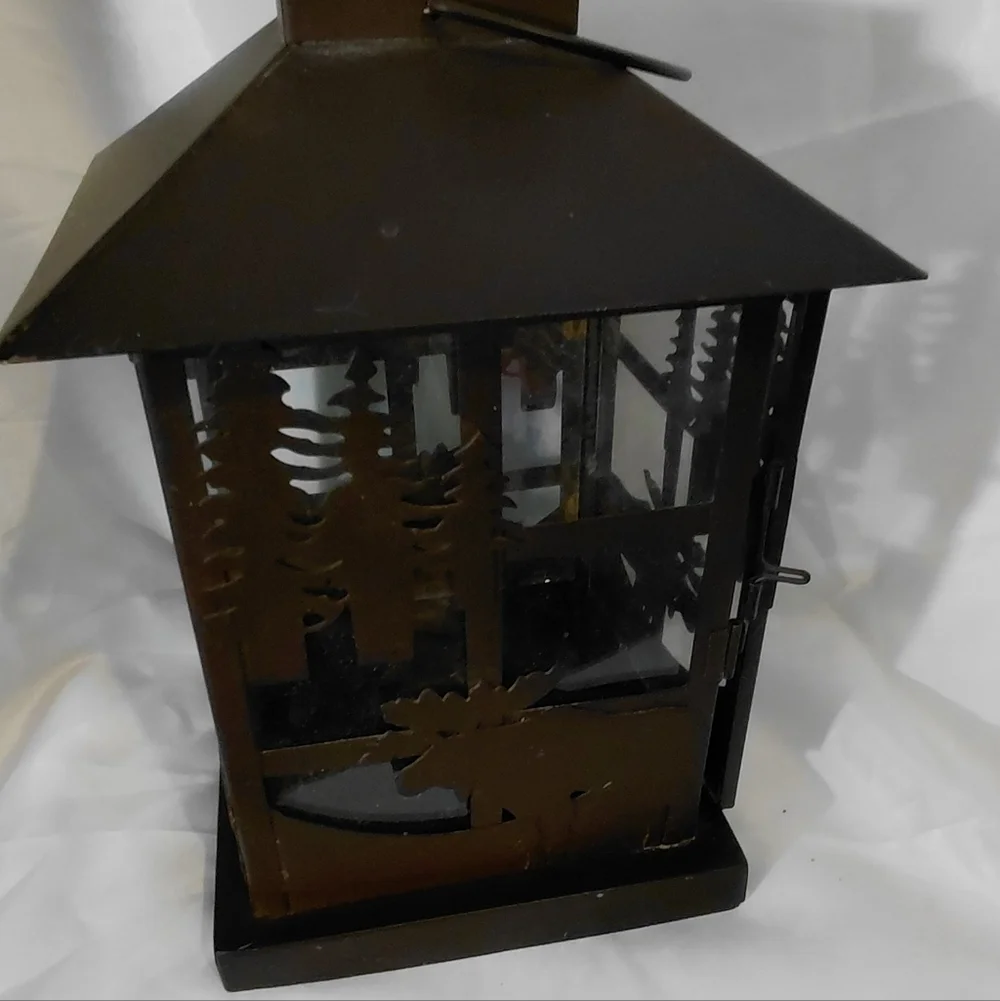 Dark Brown Metal Lantern with Moose Silhouette - Decorative Accent
